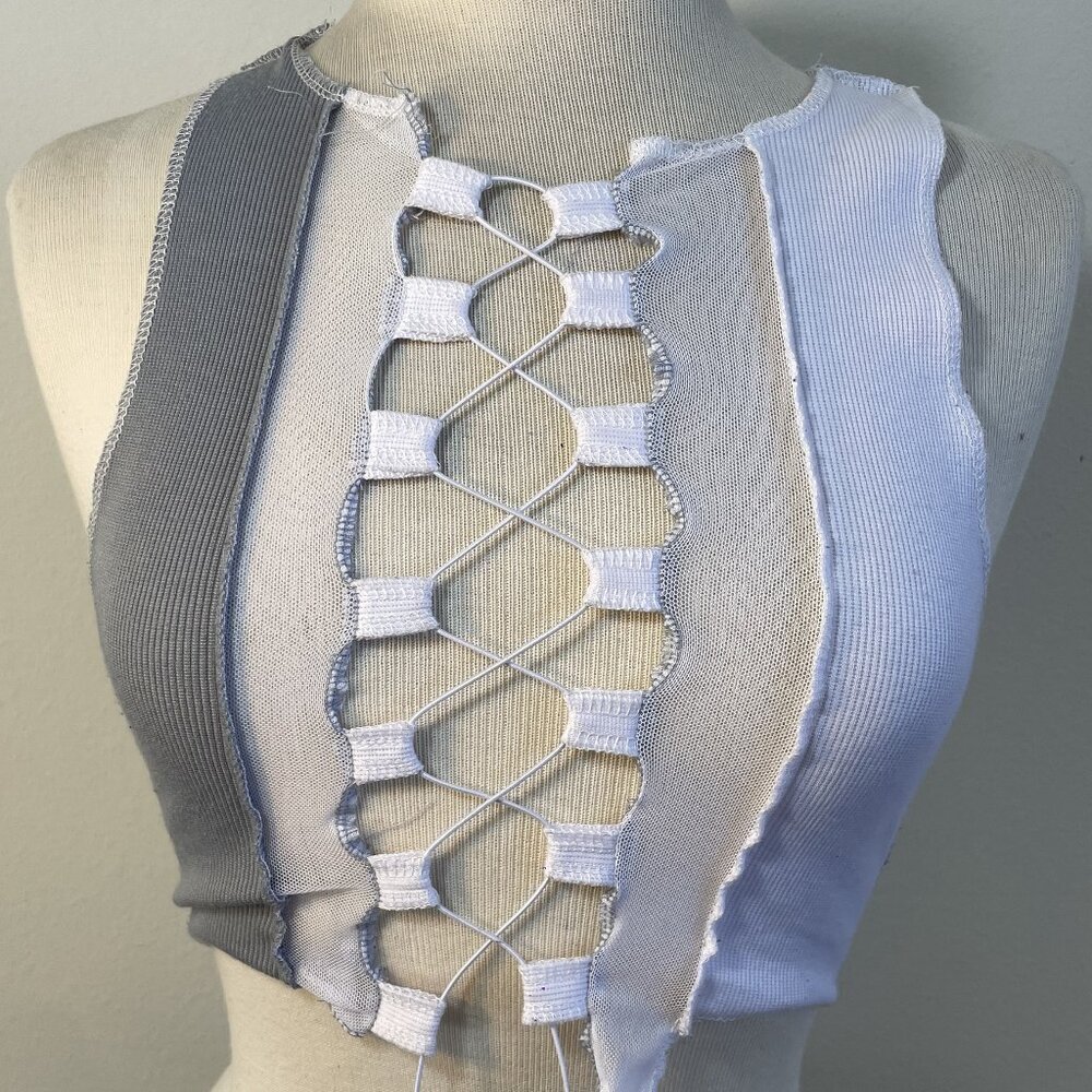 Elastic Crop Top Open Front Transparent Cleavage Zigzag ties